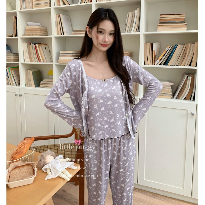 LittlePuggy long-sleeved knitted cotton three-piece set, soft and breathable pajamas, autumn camisole home wear LittlePuggy long-sleeved knitted cotton three-piece set, soft and breathable pajamas, autumn camisole home wear