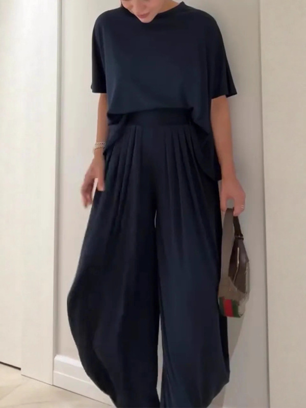 2025欧美跨境亚马逊独立站纯色休闲宽松舒适圆领阔腿裤女士套装|undefined