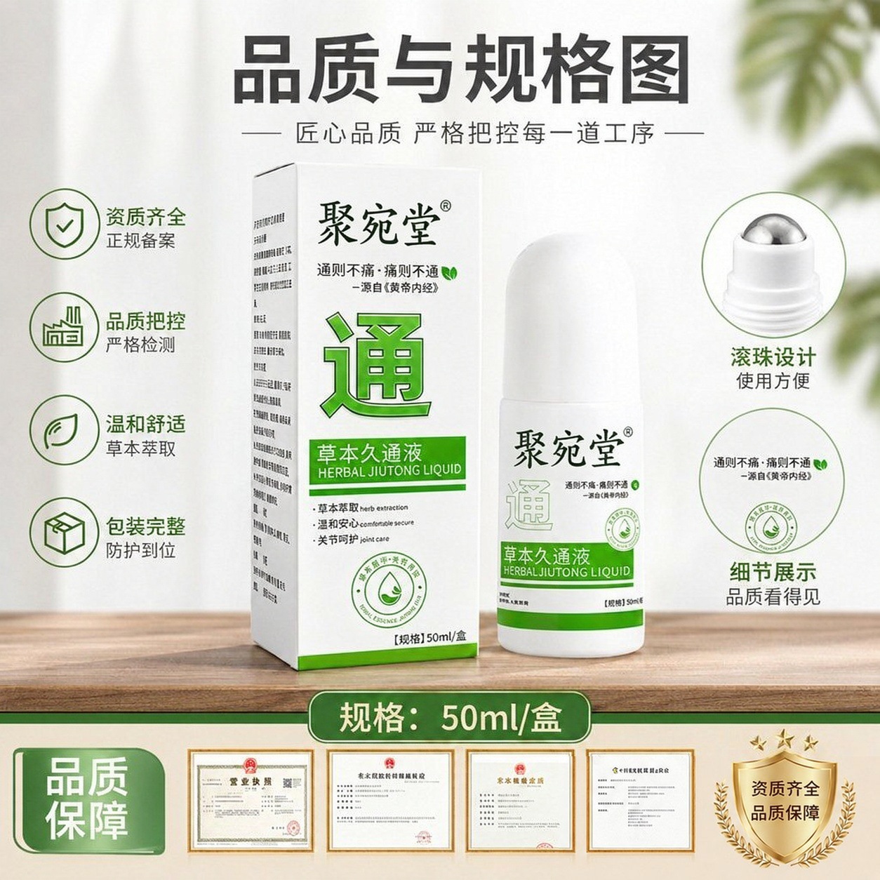 Juwantang Herbal Long-Through Liquid 50ml Roll-On Massage Balm for Back Shoulder Neck Legs External Use specifications