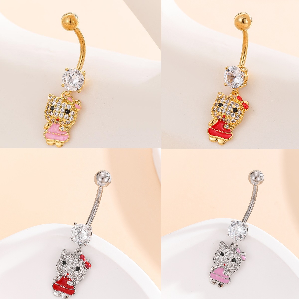 2025 Spring Cute Pink Kitty Cat Cartoon Navel Ring Copper Gold Plated Belly Jewelry detail image 12