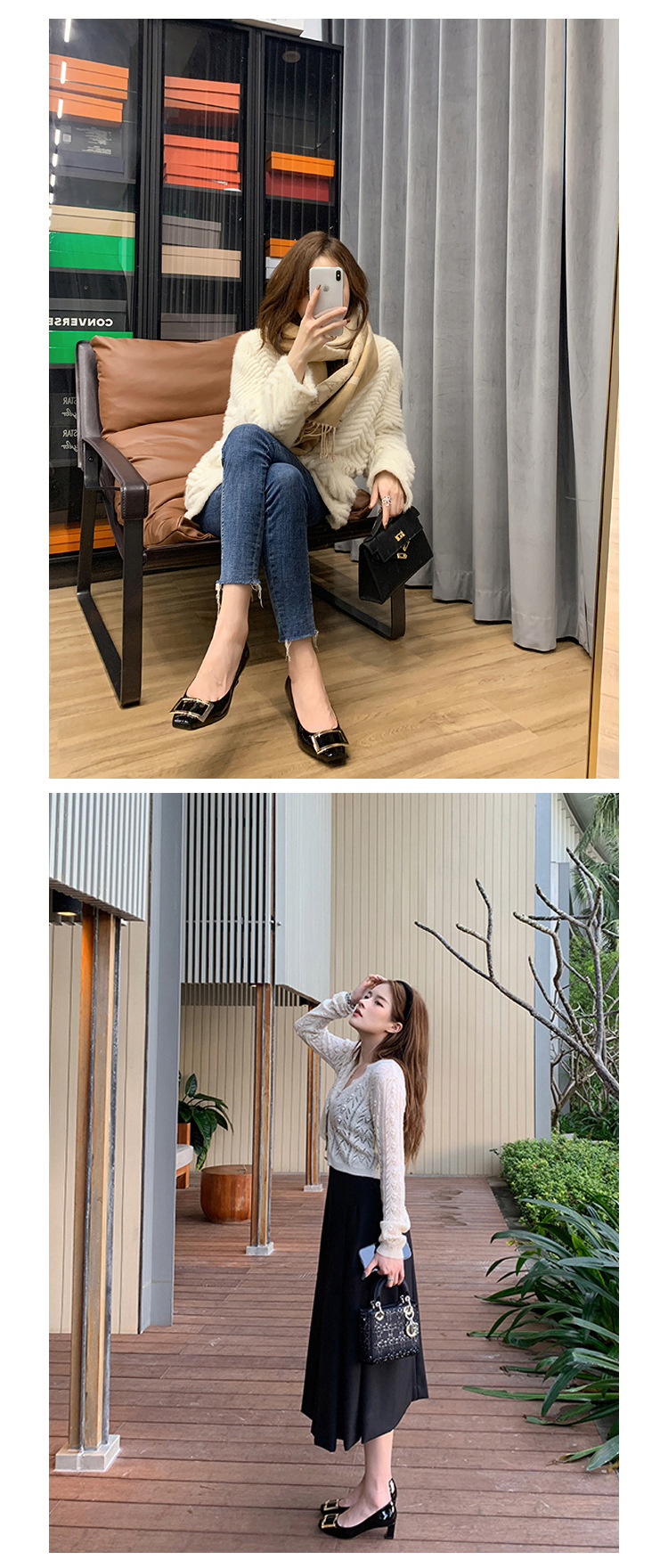 Spring And Autumn High-End R Square Buckle Single Thick High Heels Women's Thin Heel French Style Stunning Flat Uniform_vogvips.com