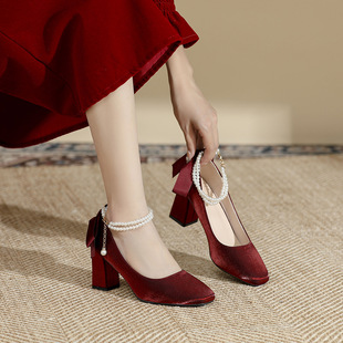 New Square toe chunky heel high heels plus size extra large widened wedding shoes wedding bridal shoes single-layer shoes Xiuhe clothing two-way wear