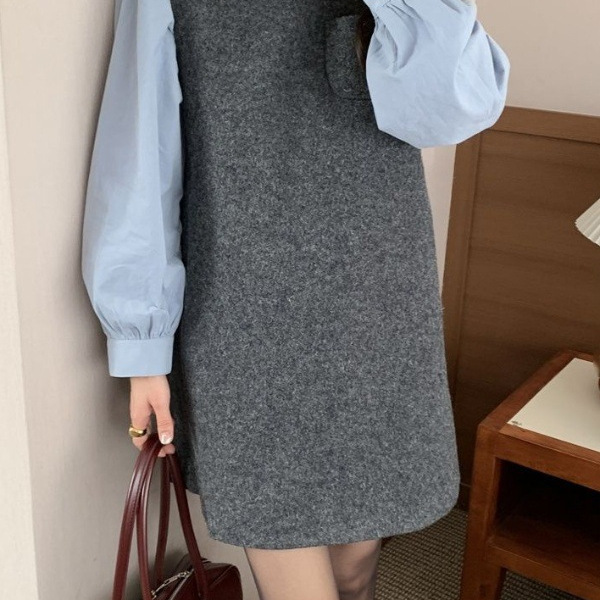 甜美学院风复古毛呢背心连衣裙甜美泡泡袖长袖衬衫小个子两件套
