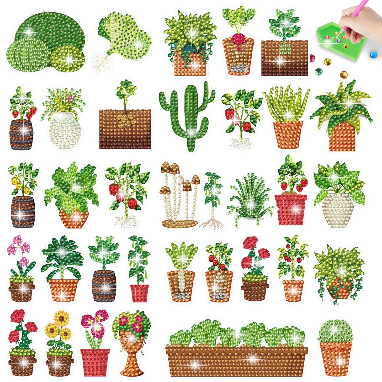 Venta caliente cactus planta en maceta diamante pintura libre pegatinas DIY pegatinas de pared pegatinas hechas a mano 5d cristal brillante diamante