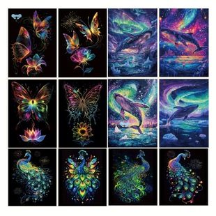4Pcs Noctilucent Scratch Rainbow Painting Art Paper Set Cross-Border