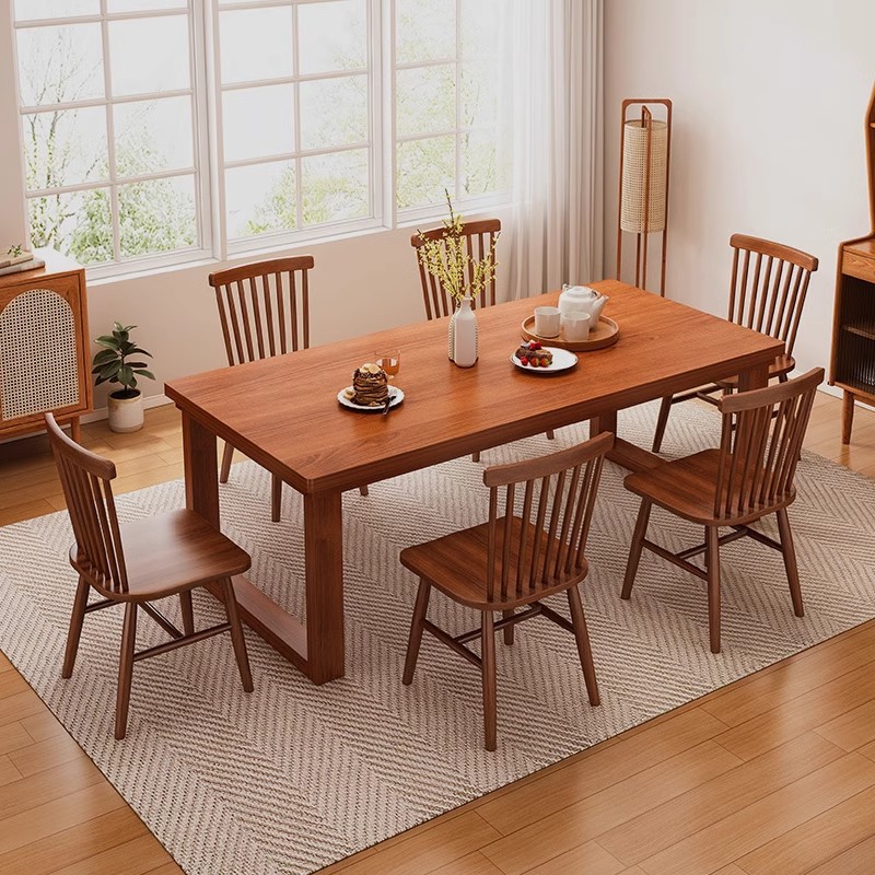 Mesa de comedor de madera maciza para uso doméstico pequeño apartamento rectangular mesa y silla de color nogal combinación mesa de comedor de madera de caucho de estilo antiguo