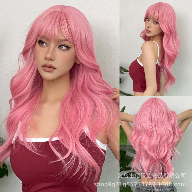 Cross-Border New Product Wig with Bangs, Pink Long Curly Hair, Full Headgear, Super High Return Rate, Manufacturer Wholesale Cosplay