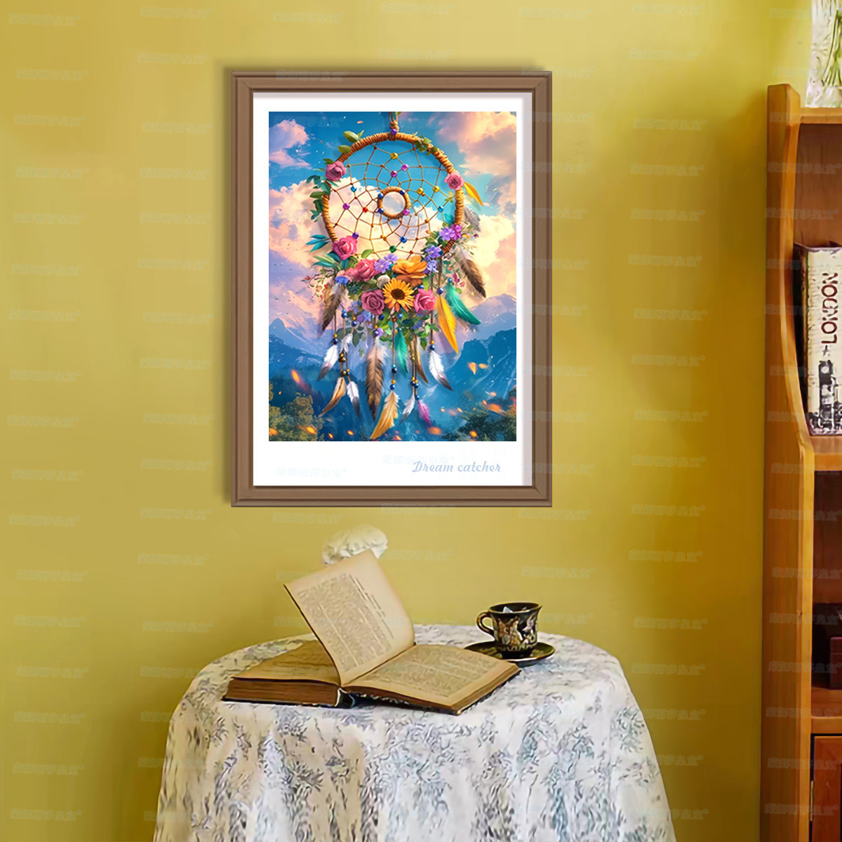 Mona Lisa real red de bordado cruzado atrapadora de sueños y flores nuevas pequeñas flores minimalistas sala de estar línea bordada a mano
