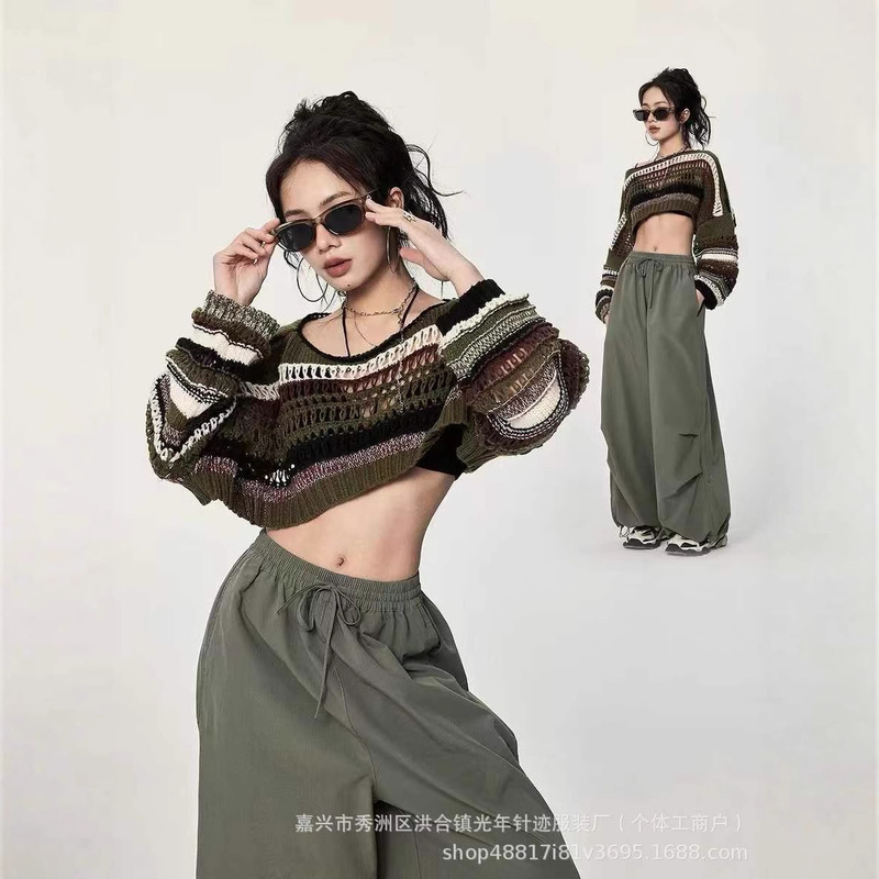 American-Style Hollow-Out Loose Pullover Sweater with a Sultry Vibe, Striped Cropped Knit Top, Pure Desire Sweater Top