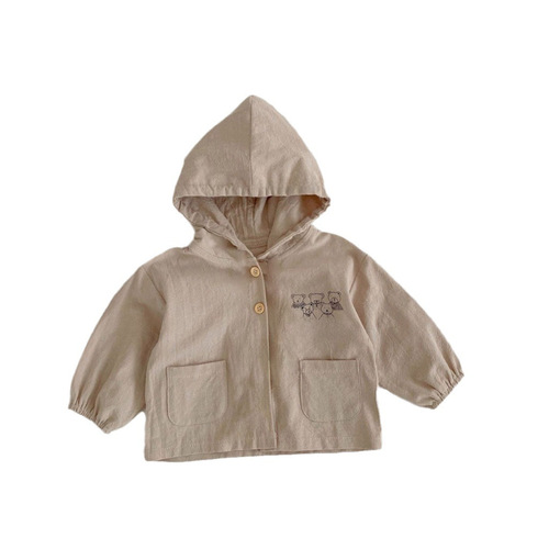 Korean Version Ins Autumn Unisex Baby Bear Print Lightweight Open Vest Hooded Suncoat Outerwear for Toddlers