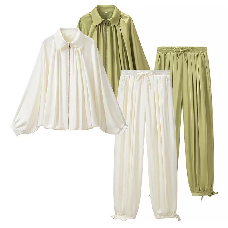 Pb&Za European and American Style Fashion Women's Clothing, Lazy Style Satin Puff Sleeve Bomber Jacket and Lantern Pants Set