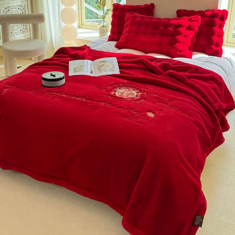 하이 엔드 밍크 모피 담요 모피 토끼 모피 퀼트 겨울 더블 자수 담요 레드 웨딩 선물