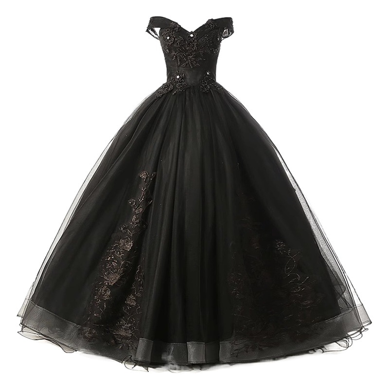 Nuevo vestido de novia negro fuera del hombro vestido de noche solo anfitrión rendimiento pettiskirt largo tema de estudio de las mujeres