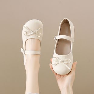 Mary Jane Shoes 2025 Summer New White Japanese Style Style Round Toe Shallow Mouth Thick Heel with Skirt Bow Cute Shoes