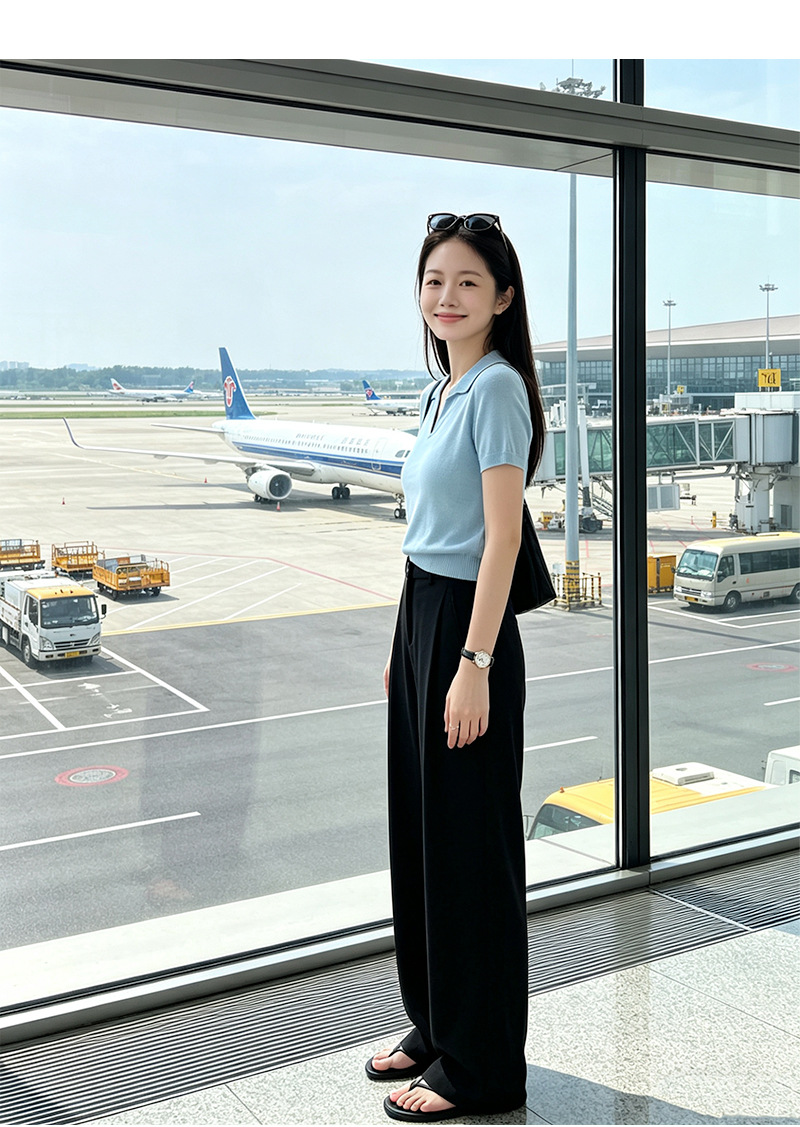 Quần tây nữ ống rộng cạp cao dáng suông, chất liệu mát mẻ chống nhăn, phù hợp đi làm mùa hè — Mát mẻ, rũ và chống nhăn - màu xanh lơ đen (cạp chun) chi tiết 30