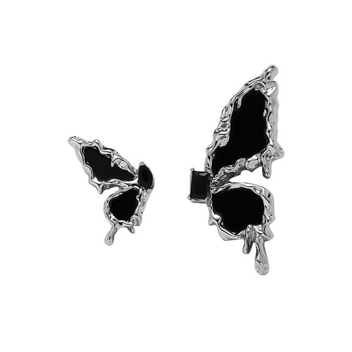 S925 Silver Asymmetric Black Butterfly Earrings for Women - Sweet, Cool, and Spicy Style Earrings - Airy and Cool, Refined and High-End