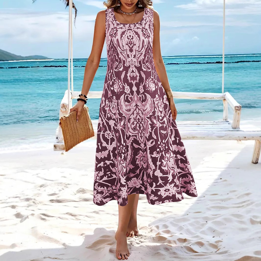 2025 Cross-Border Foreign Trade Bohemian Printed For Women, Summer Fashionable Elegant Round Neck Sleeveless Long Dress_ecoleips.com