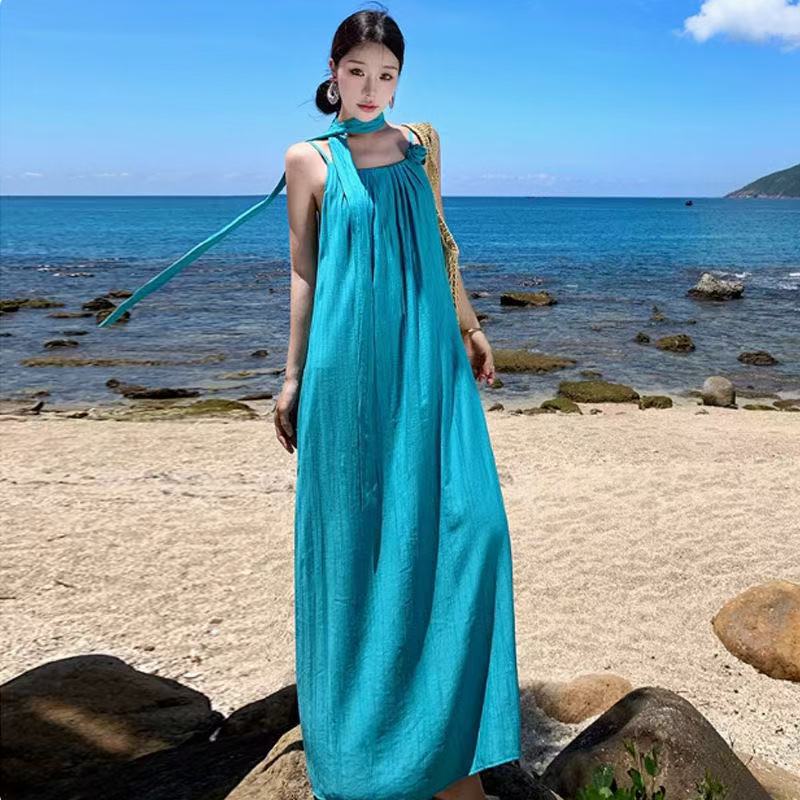 Vacation Seaside Beach Long Skirt to Ankle Super Long Vacation Style Tall Loose Pleated Sling dress Summer