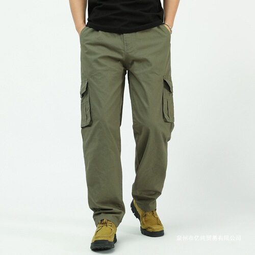 Cross-border pure cotton work pants for men, loose high-waisted casual pants with multiple pockets, outdoor stylish large size mens long pants