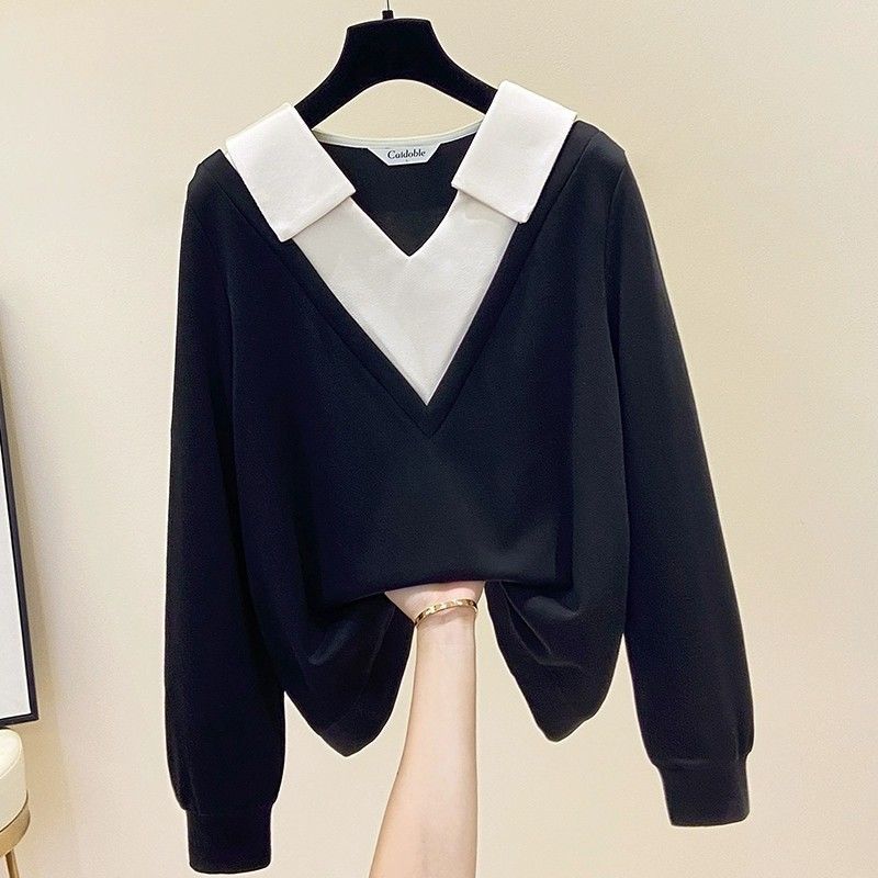 Plus Size Layered Polo Shirt – Slimming Long Sleeve Mock Two-Piece Top For Women (Green/Black, L-4XL, Up To 300lbs)_ecoleips.com