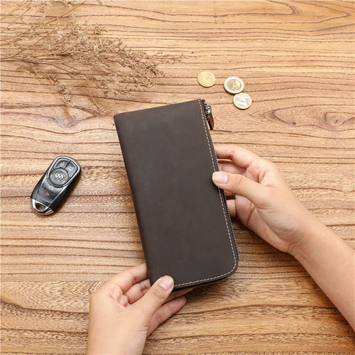 Men's retro Crazy Horse first-layer cowhide long wallet large-capacity genuine leather zipper wallet simple multi-card slot wallet
