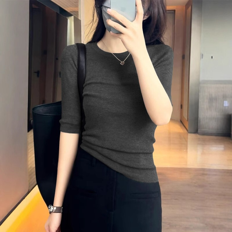 日常简约圆领短袖上衣女装夏季新款时尚修身五分袖气质针织打底衫|undefined