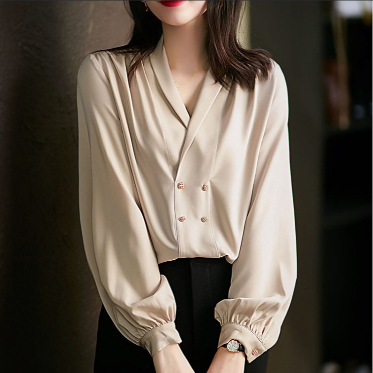 European Spring Doll Collar Women's Shirt Tops Versatile Double-Breasted Shirt Silk Shirt