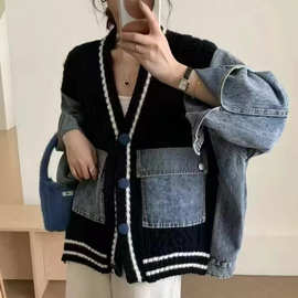 重工麻花牛仔拼接开衫毛衣女2024秋冬新款欧洲站慵懒风针织衫外套