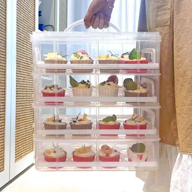 打包盒纸杯蛋糕甜品台多层手提密封包装盒移动塑料纸杯蛋糕收纳