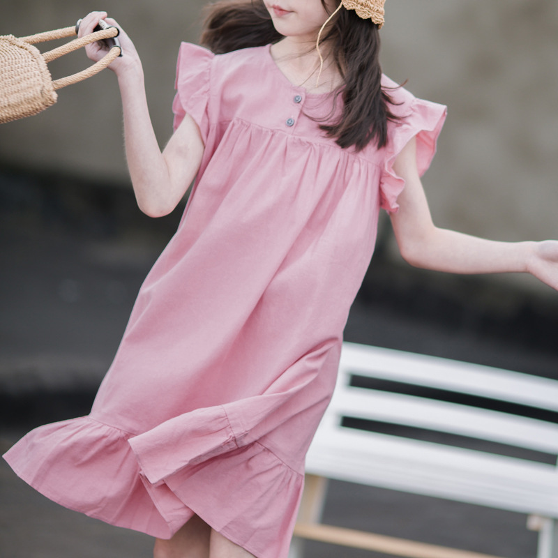 Vestido de niña, manga voladora de verano, falda literaria para niños, falda de playa de vacaciones con volantes, estilo occidental suelto
