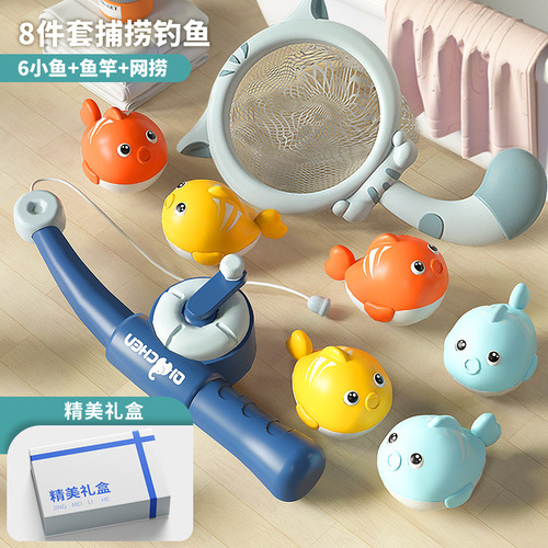 Cross-border children's magnetic fishing toys, net, fishing rod, fish pond, baby play and bath educational set