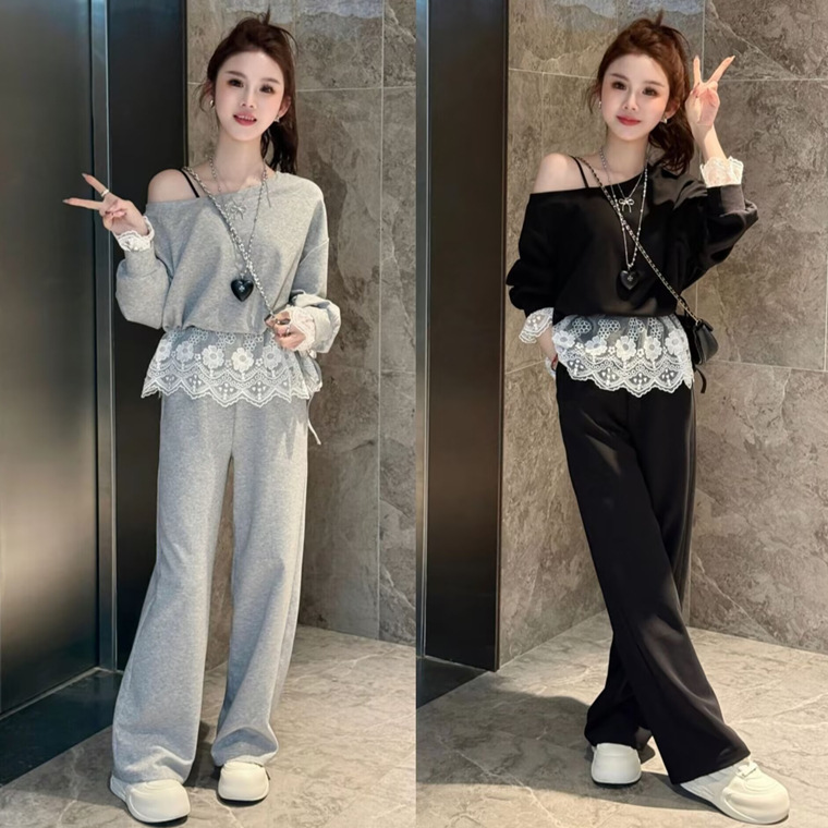 欧货减龄时尚休闲套装女春季高级感蕾丝边露肩卫衣阔腿长裤两件套|undefined
