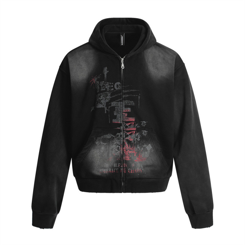 Dark Style Blurred Print Cardigan Sweatshirt Men's Retro Punk Tie-Dye Spray-Painted Distressed Hooded Loose Jacket