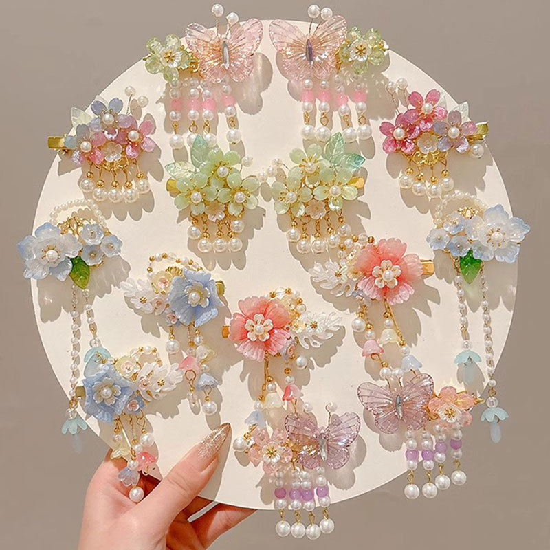 Niños flores de perlas para el cabello de mujeres estilo antiguo estilo Han toque de cabello de niña super inmortal estilo nacional tarjeta de cabello de niña pequeña para el cabello de clips