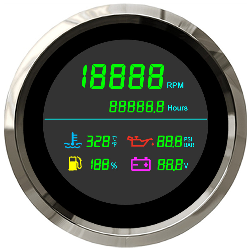 New 85mm multifunctional LCD tachometer with hour meter water temperature oil pressure oil level voltmeter