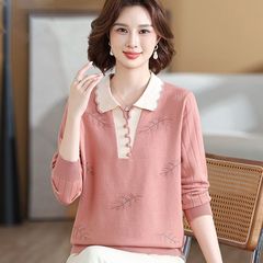妈妈秋装新款洋气针织打底衫2025中老年女装春秋翻领长袖毛衣套装