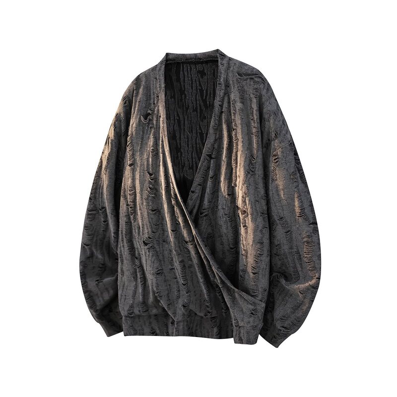 Dark Gothic Ice Silk Ripped Distressed Hollow-Out Chinese Style Niche Design Deep V-Neck Long-Sleeve T-Shirt T67-P68控88