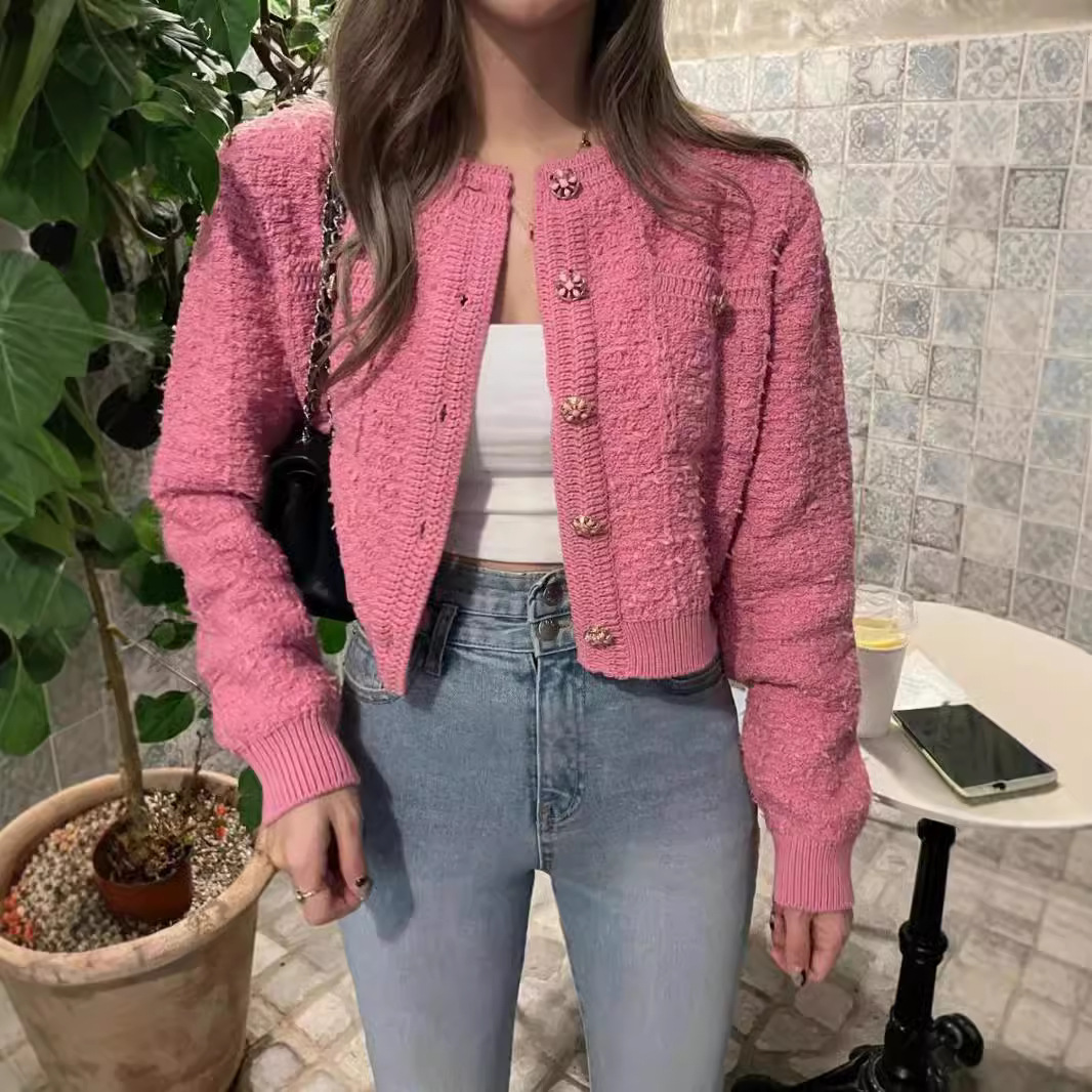 Nuevo estilo coreano de otoño y invierno suave pegajoso pequeño viento fragrante jersey de punto de camisa de estilo francés temperamento femenino delgado suéter de cuello redondo abrigo