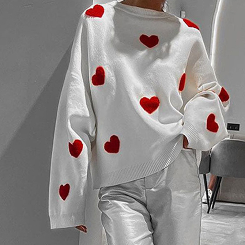 2025 Autumn and Winter New Embroidered Heart Sweater Female Internet Celebrity European and American Style Knitted Pullover Cross-Border Amazon Ins 2025 Autumn and Winter New Embroidered Heart Sweater Female Internet Celebrity European and American Style Knitted Pullover Cross-Border Amazon Ins
