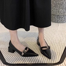 粗跟黑色尖头高跟单鞋女2025新款韩版法式小皮鞋显瘦增高乐福鞋子