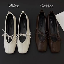 简约~韩系简约方头系带2024春季小单复古气质浅口平底奶奶鞋