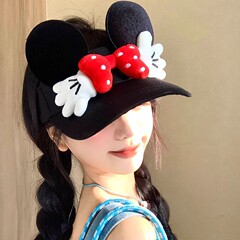 かわいい漫画の立体ミッキーの小さな手のリボン空の麦わら帽子女性の夏の大きなつばの日焼け止め帽子
