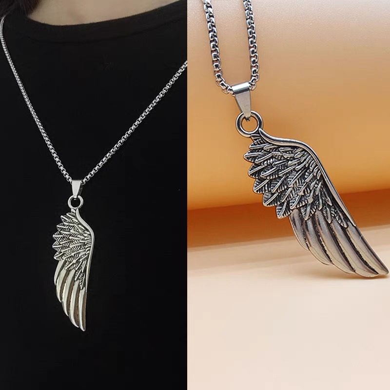 Simple personality retro necklace wings feather titanium steel pendant niche design sense male trendy female online celebrity temperament jewelry