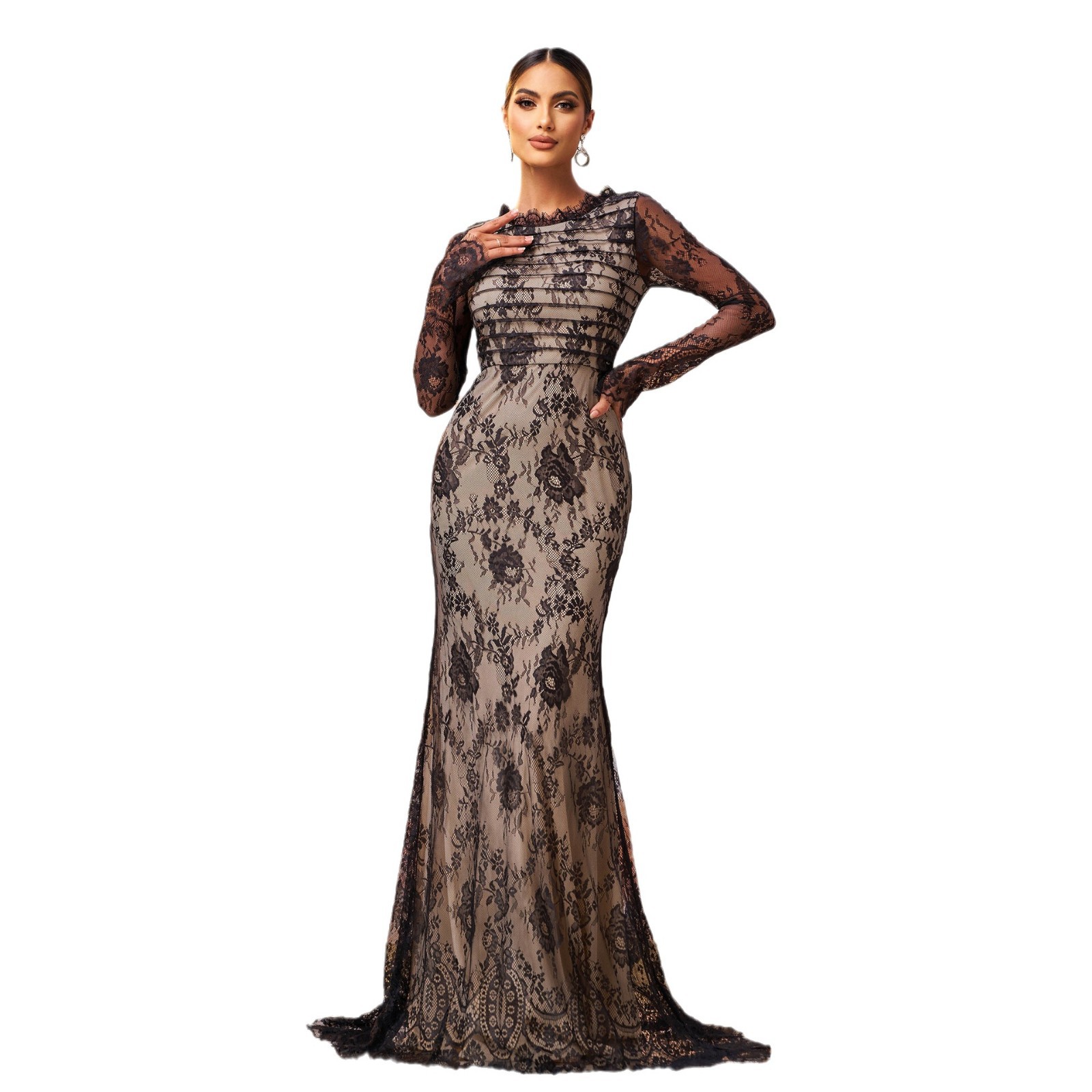 European And American New High End Long Sleeved Round Neck Banquet Mesh Hip Wrapped Fishtail Evening Dress Bridesmaid Dress Dress Women_ecoleips.com