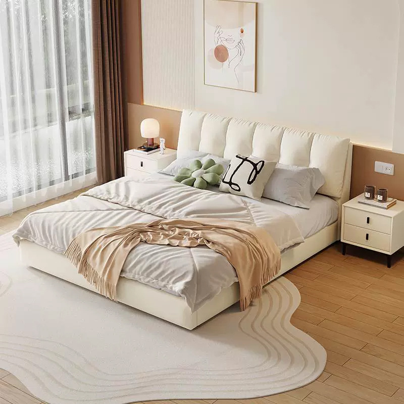 Cama de tela Ins Cloud para dormitorio principal de apartamento pequeño, cama doble moderna minimalista de tela tecnológica suave con almacenamiento de cuero.