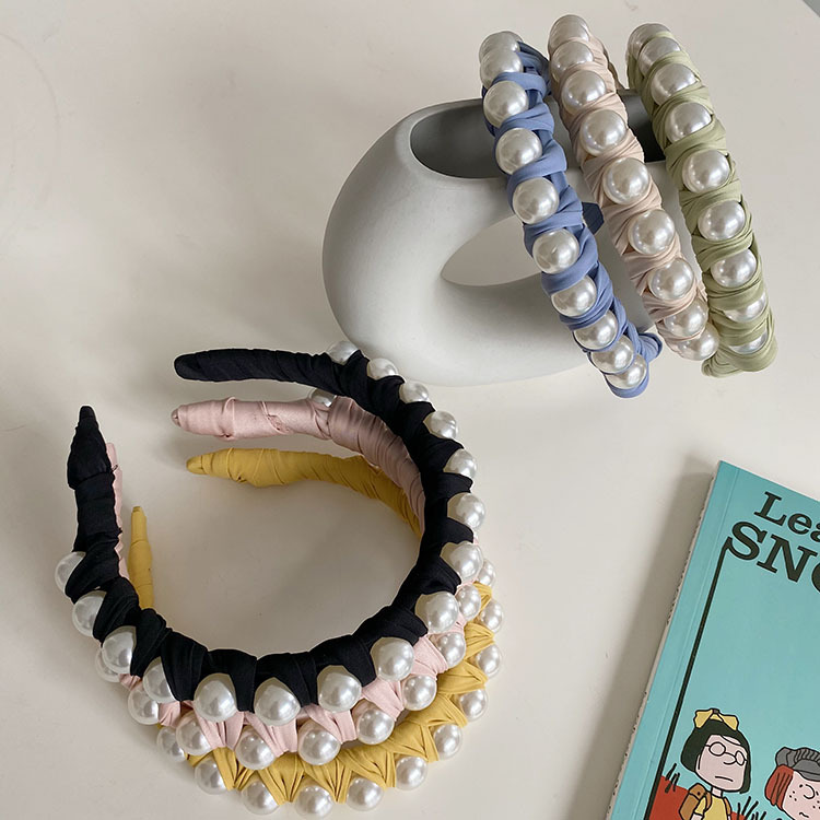 130g Weight Headwear Classification Housewarming, Anniversary, Business, Wedding, Travel, Birthday, Festival Occasion Plaid, Waves Pattern Women'S Gender Fashion Style Beige, Pink, Green, Blue, Yellow, Black Color Korean Winding Pearl Woven Headband Wholesale 5