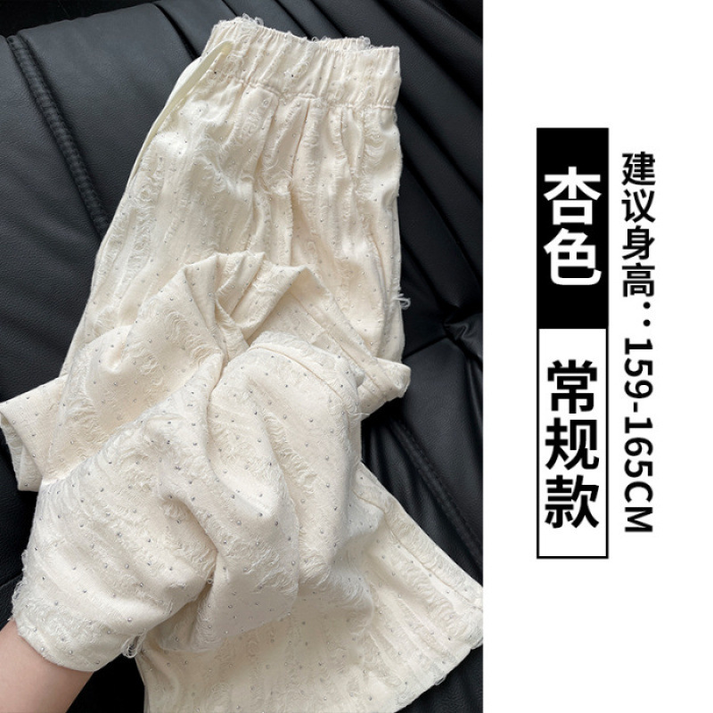 白色阔腿裤女夏季小个子抽绳高腰垂感休闲裤子破洞烫钻薄直筒长裤|undefined