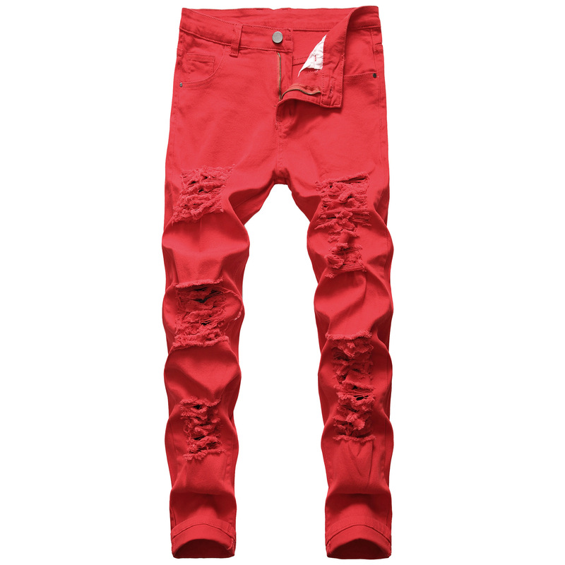Cross-border Men's Casual Big Ripped Stretch Pants Slim-fit Denim Men's Multi-hole White Pants Cross-border Men's Casual Big Ripped Stretch Pants Slim-fit Denim Men's Multi-hole White Pants
