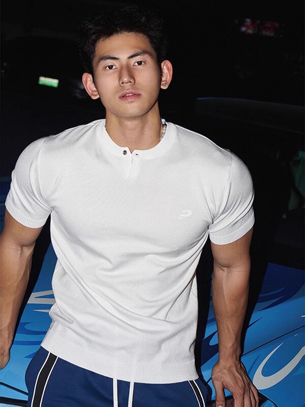 American Single-Button Henry Collar Short-Sleeved Knitwear Men's Summer Slim Sports Embroidered T-Shirt Showing Muscle Fitness Half-Sleeve