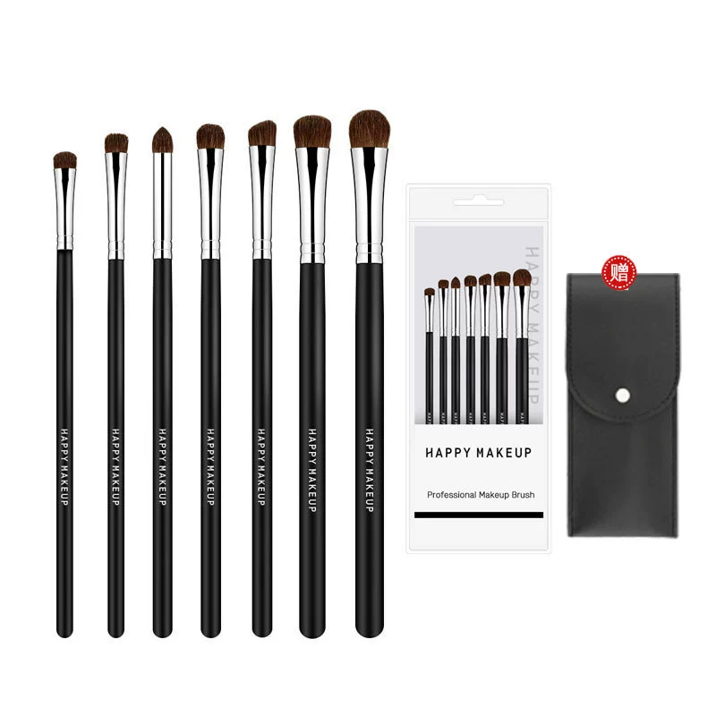 Набор кистей для макияжа (HappyMakeup) 7 кистей из лысого волоса, деревянная ручка, алюминиевая фурнитура